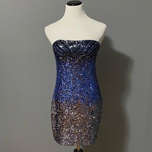 Express Blue and Silver Sequins Strapless Dress